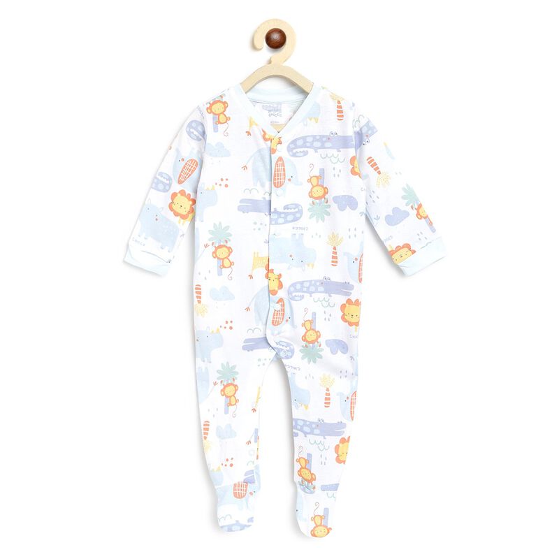 Boys Light Blue Printed Front Opening Babysuit image number null